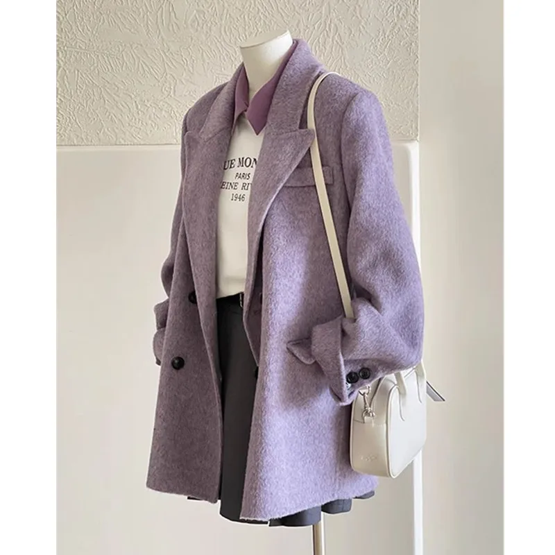 

Gentle Purple Woolen Coat For Women In Autumn Winter New High-End Loose Casual Woolen Suit Short Jackets Outwear Female