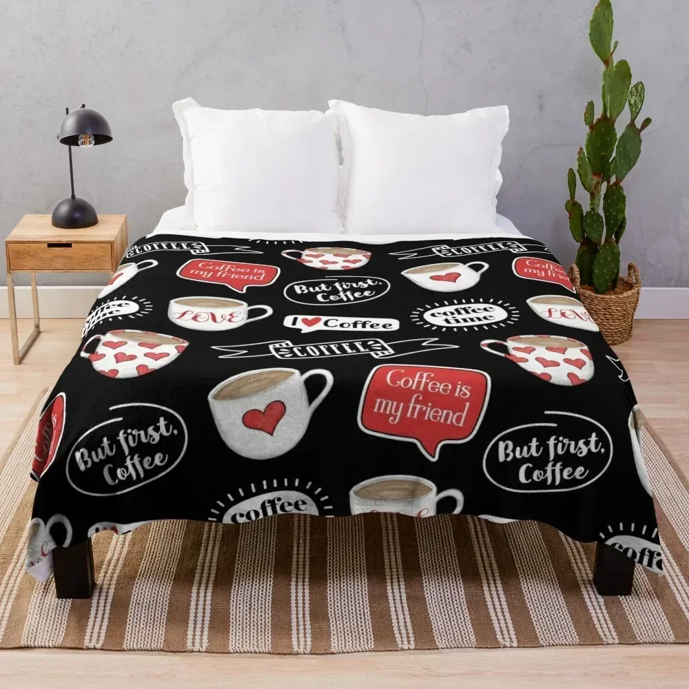 

Hand-Drawn Coffee Mugs - I Love Coffee - Muted Red, Black and White - 2nd Version Throw Blanket