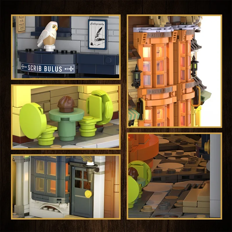 1386PCS MOC Magic Alley Book Bar Building Blocks With LED Expandable Creative Owl Magic Broom Desk Ornament Brick Toys Kids Gift