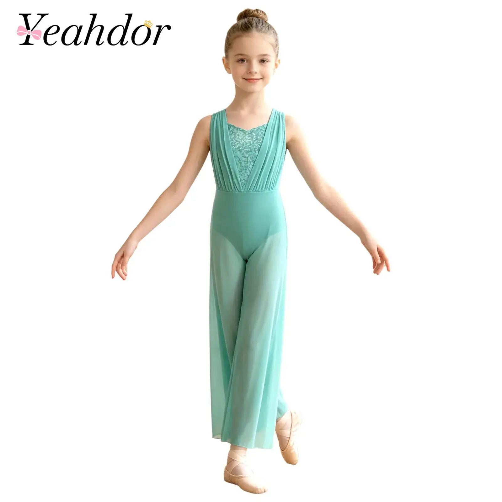 Girls Lyrical Dance Jumpsuit Kids Sparkly Sequins Sleeveless Cutout Long Pants Jumpsuit for Stage Performance Modern Dancewear