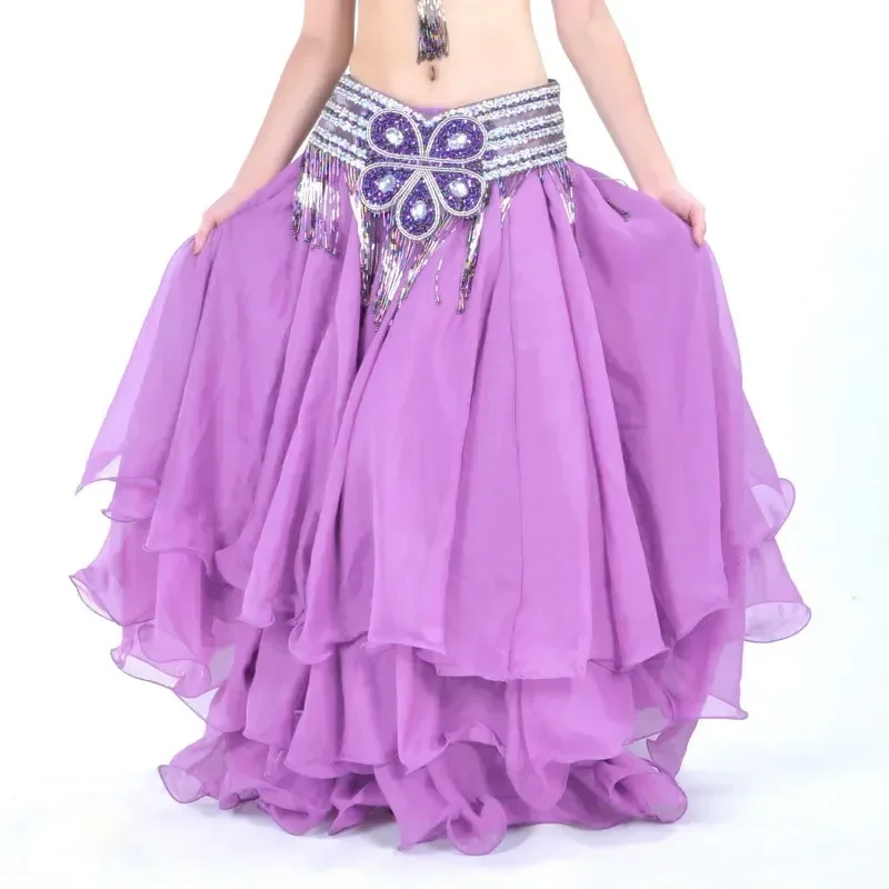 Girls 3 Layer Chiffon White Belly Dance Skirt Gypsy Long Skirt for Women