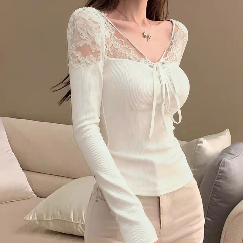 Hollow Out Lace Patchwork White T Shirts Women Long Sleeve Basics Korean Y2k Clothes Bow Casual Laodes Black Tops Tees with Bra