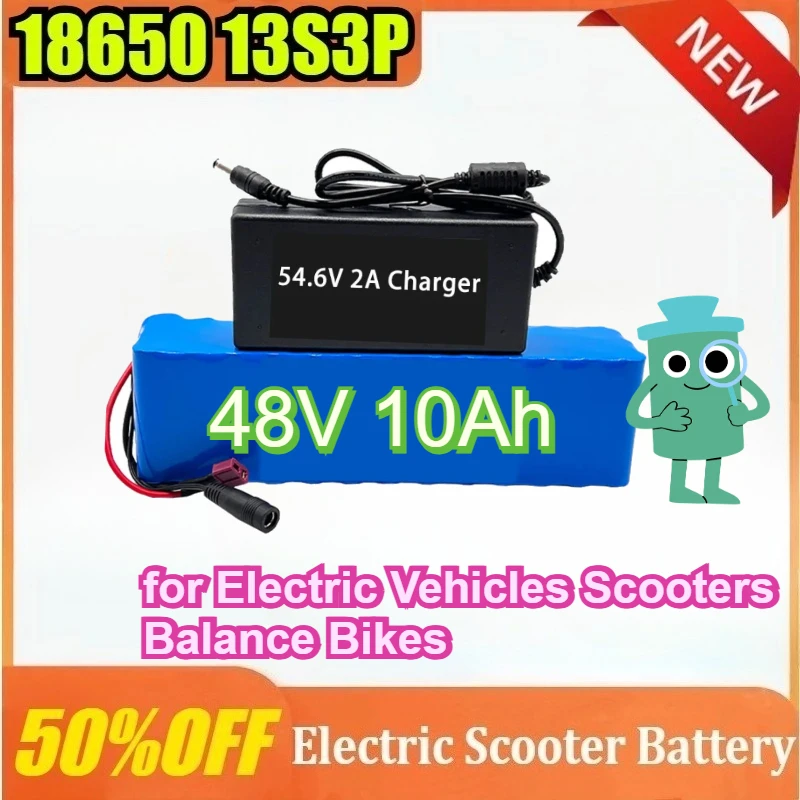 18650 Lithium Battery Pack 13S3P 48V 10Ah Rechargeable Battery for Electric Vehicles Scooters Balance Bikes with 54.6V Charger