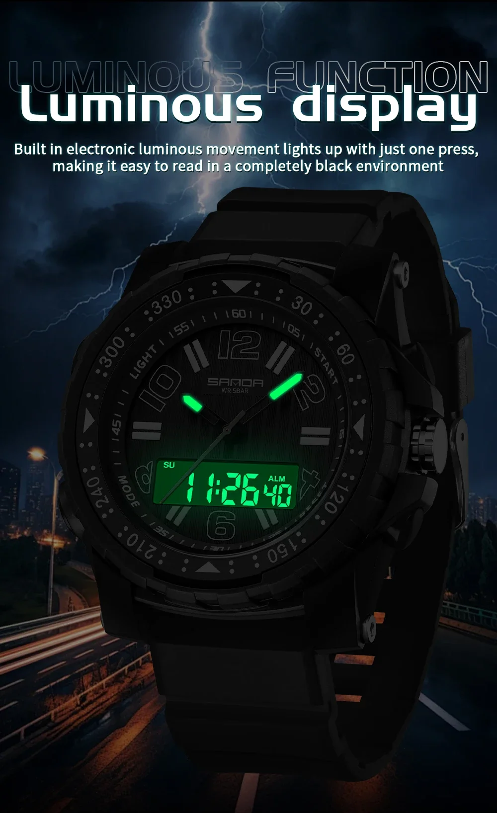 Fashion SANDA 3375 Men's Electronic Watch Outdoor Sports Multi functional Waterproof LED Night Light Men's Electronic Watch