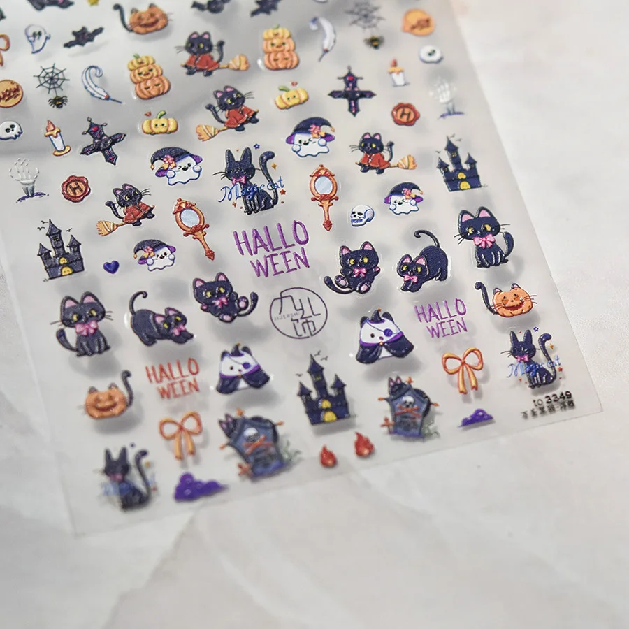 1pcs 5D Cartoon Cat Rabbit Nail Art Sticker Kawaii Adhesive Cute Relief Halloween Series Manicure Decals Decorations Accessories