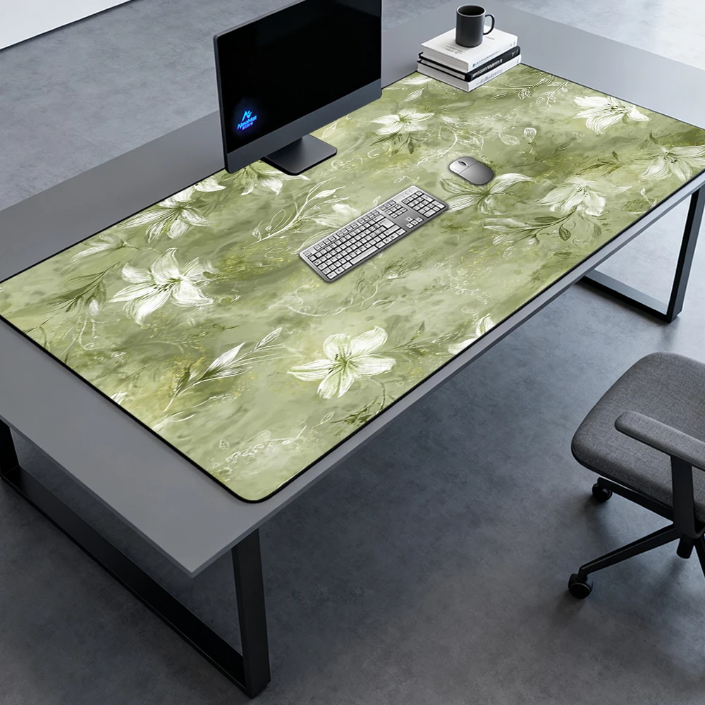 Botanical Mouse Pad Gaming Large Desk Mat 160x60 Lily Green Background 1800x600 Floral Elegant White Decor Full Desk Mousepads