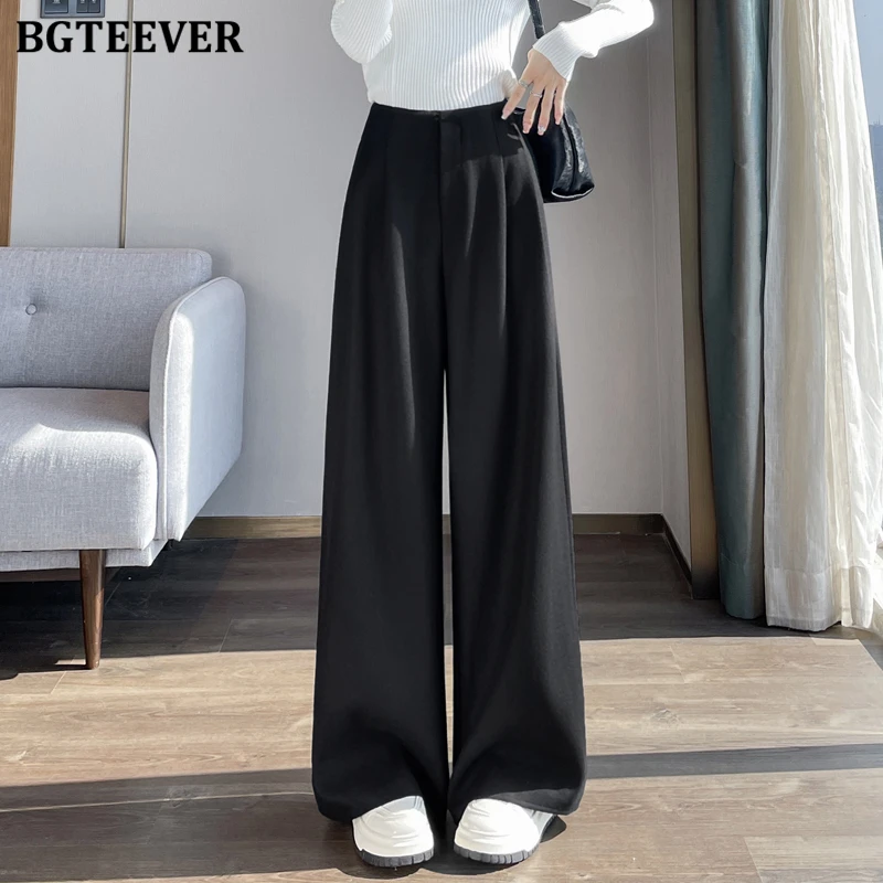 BGTEEVER elegante cintura alta hasta el suelo cálido suelto mujer traje de lana pantalones invierno espesar terciopelo señoras pantalones de pierna ancha