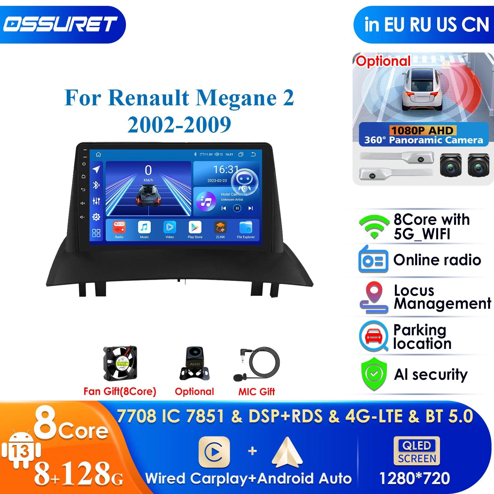 8G+128G DSP AI Android 12 Carplay Auto Car Radio for Renault Megane 2 2002-2009 Multimedia Video Player 2Din Navigation GPS WIFI