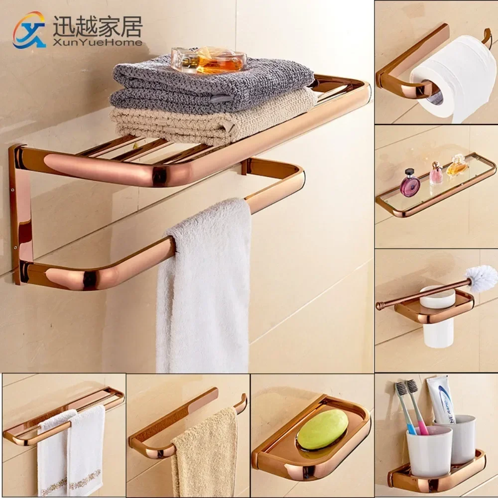 Rose Gold Brass Towel Rack Hanging Rods Bar Hooks Bath Shelf Toilet Brush Paper Holder Bathroom Hardware Organizer Accessories