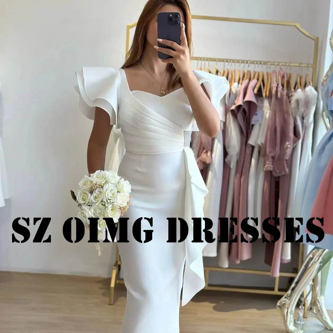 OIMG New Design Prom Dresses Short Sleeves Saudi Arabic Women Mermaid Satin Ruffles White  Gowns Formal Party Dress Customized