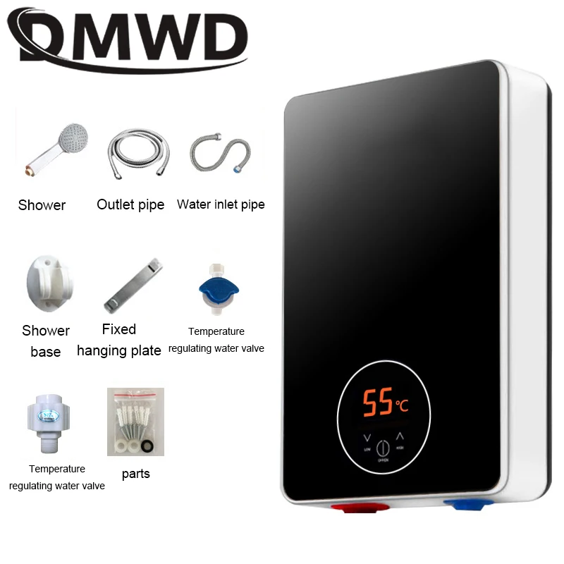 DMWD Electric Instant Water Heater 5500W Tankless Instantaneous Watering Heating Faucet Shower Kitchen Bathroom LED Display