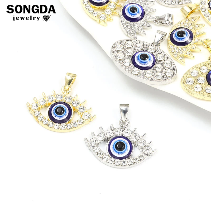 1pcs Resin Fatima Evil Eye Charms Turkish Eye Shape Gold Silver Color Alloy Rhinestones Pendant DIY Jewelry Necklace Accessories