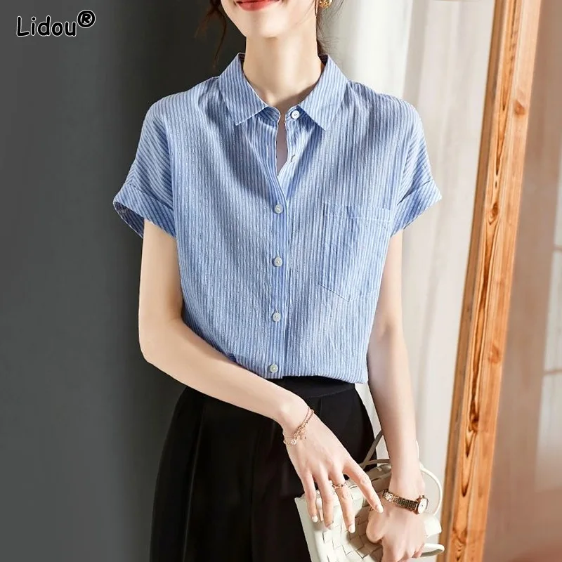 Capable Tops Simplicity Button Short Sleeve Pockets Turn-down Collar Blouses Striped Casual Office Lady Women's Clothing 2023