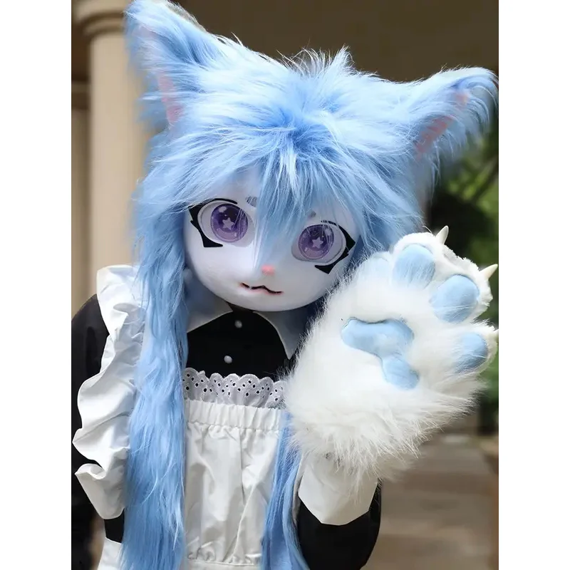 Grigio Animale Peloso Fursuit Taglio Carino Volpe Testa di Gatto Maschera Halloween Masquerade Costume Cosplay Puntelli hjk.5