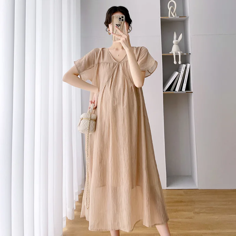 Pregnant Women's Summer Dress Thin Plus Size Long Lantern Sleeve V-Neck High Waist Maternity Beach Dress Chiffon Dresses