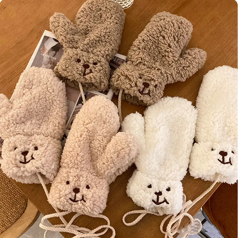 Fashion Women Lovely Imitation Lamb Wool Cartoon Bear Gloves Warm Plush Soft Full Finger Mittens Girls Fluffy Gloves Gifts