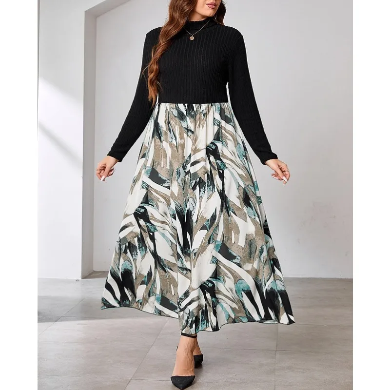 Plus Size Dress High Collar Patchwork Printed Long Sleeves Fashion Skinny A-line Skirt Autumn Winter Temperament Commuting Frock