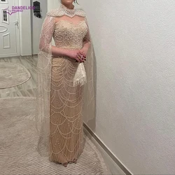 Luxury Dubai Arabic Nude Pearls 2024 Mermaid Evening Dress for Women High Neck Long Cape Sleeves Formal Prom Wedding Party Gowns