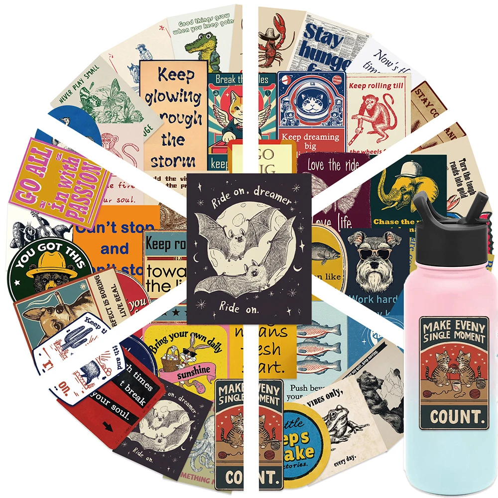 

10/30/50pcs Vintage American Style Inspirational Phrases Animal Stickers Cartoon Decal DIY Luggage Notebook Laptop Sticker Decor