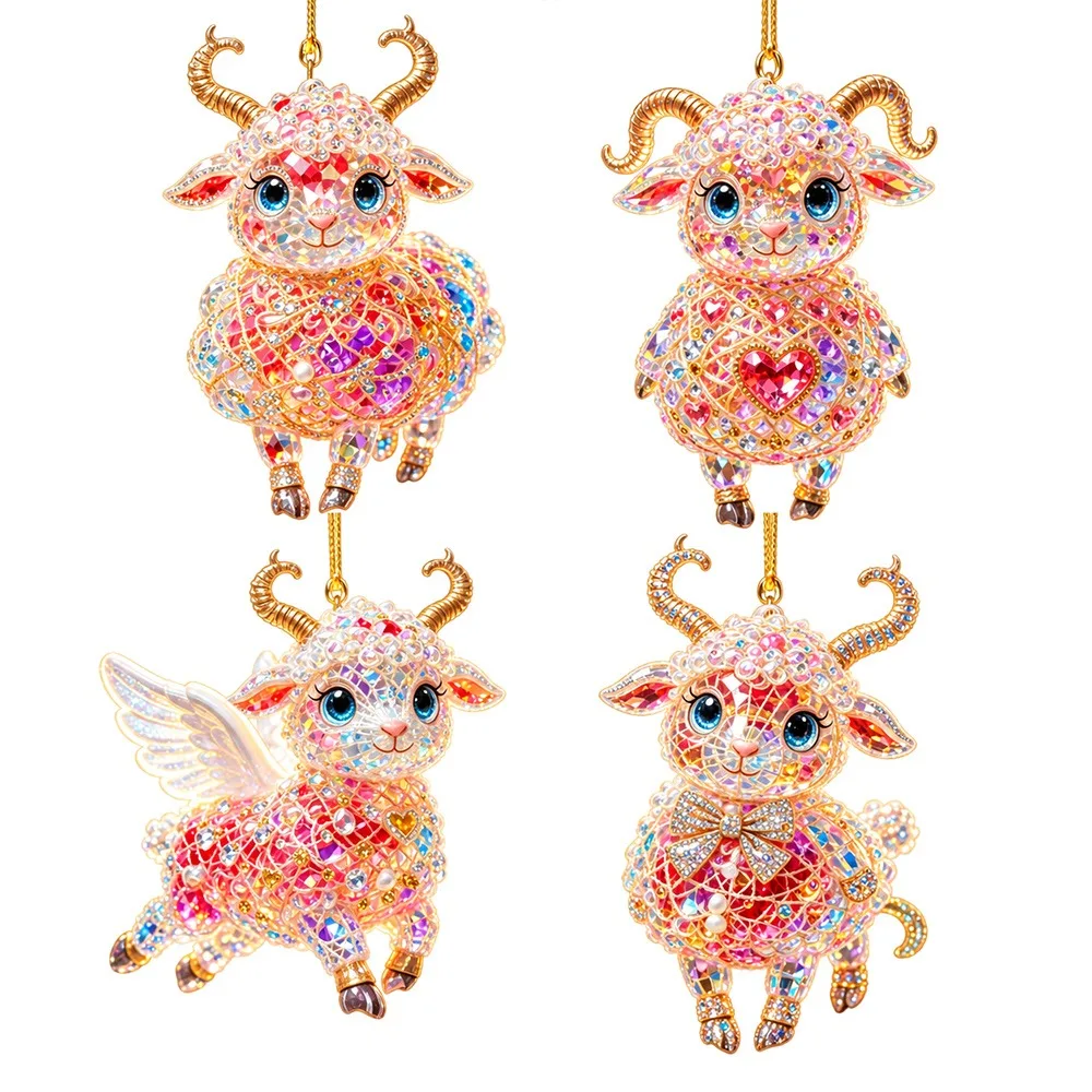2D Flat Goat Hanging Ornament Set Shining Artificial Rhinestone Goat Pendant Simulation Acrylic Christmas Tree Ornament