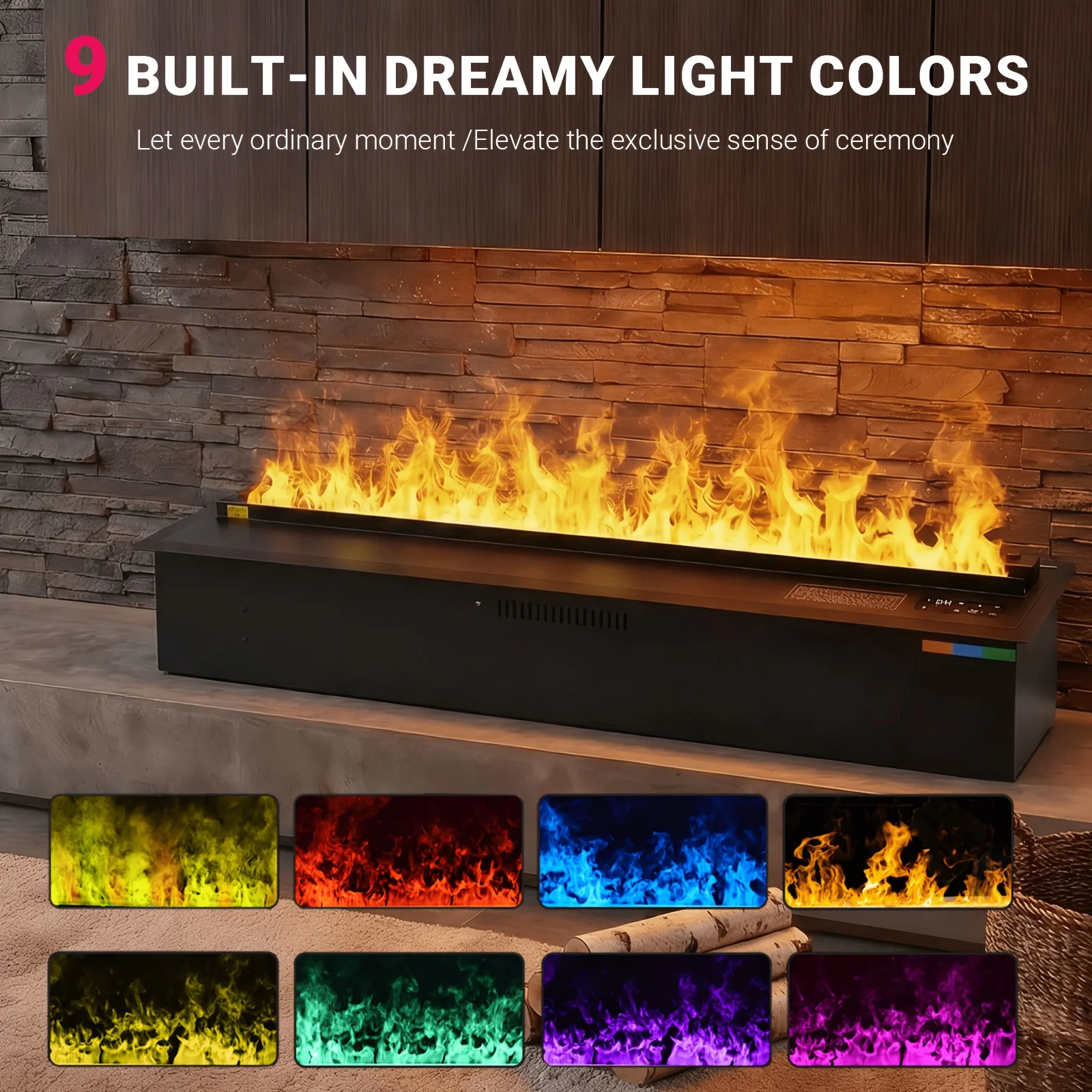 Intelligent 3D Atomizing Fireplace, Nine-Color Adjustable Flame, Humidifier, Remote Control/LCD Touchscreen/APP Control