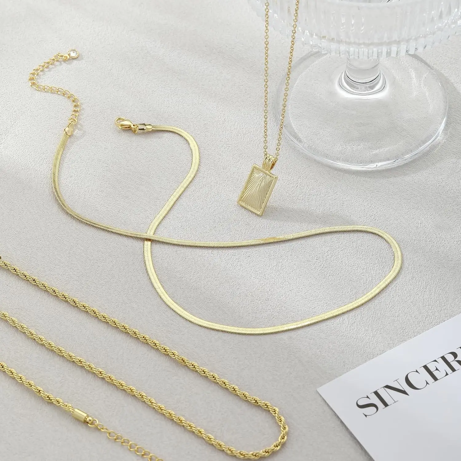 Layered Gold Silver Necklaces for Women, Stackable Stack 14K Real Gold Plated Silver Chain Necklace Diamond Circle CZ Layering P