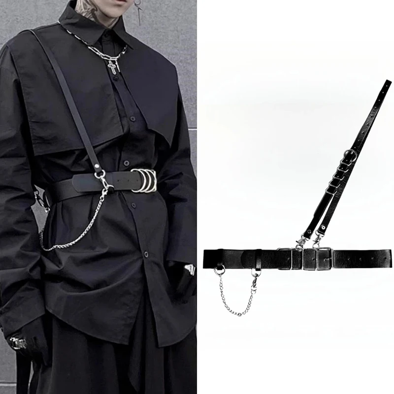 New Korean Punk Style Detachable Chain Belt Men Women Black PU Leather Harness Chain Belt Goth Corset Waist Belt Accessories