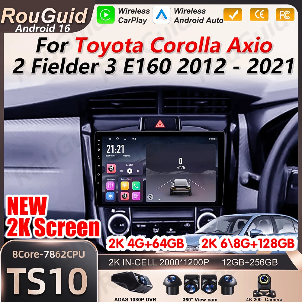 Android 16 Car Radio Carplay For Toyota Corolla Axio 2 Fielder 3 E160 2012 2013 2014 2015 2016 -2021 Multimedia Player Video DVD