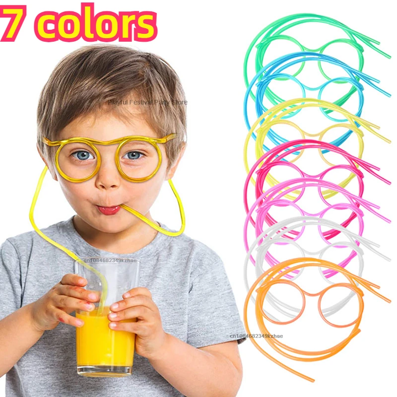 1Pc Funny Soft Plastic Straw Toys DIY Glasses Modeling Straw Toys Party Joke Tube Tools Kids Baby Birthday Party Favors 7colors