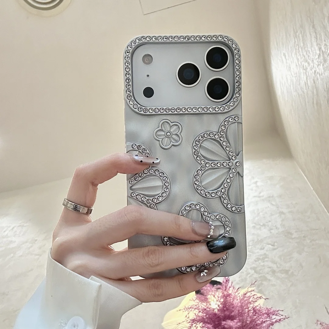 

Rhinestone Glitter Flowers Pattern Phone Case for iPhone 17 Air 16 15 14 13 Pro Max Diamond adorn lens Camera Protective Cover