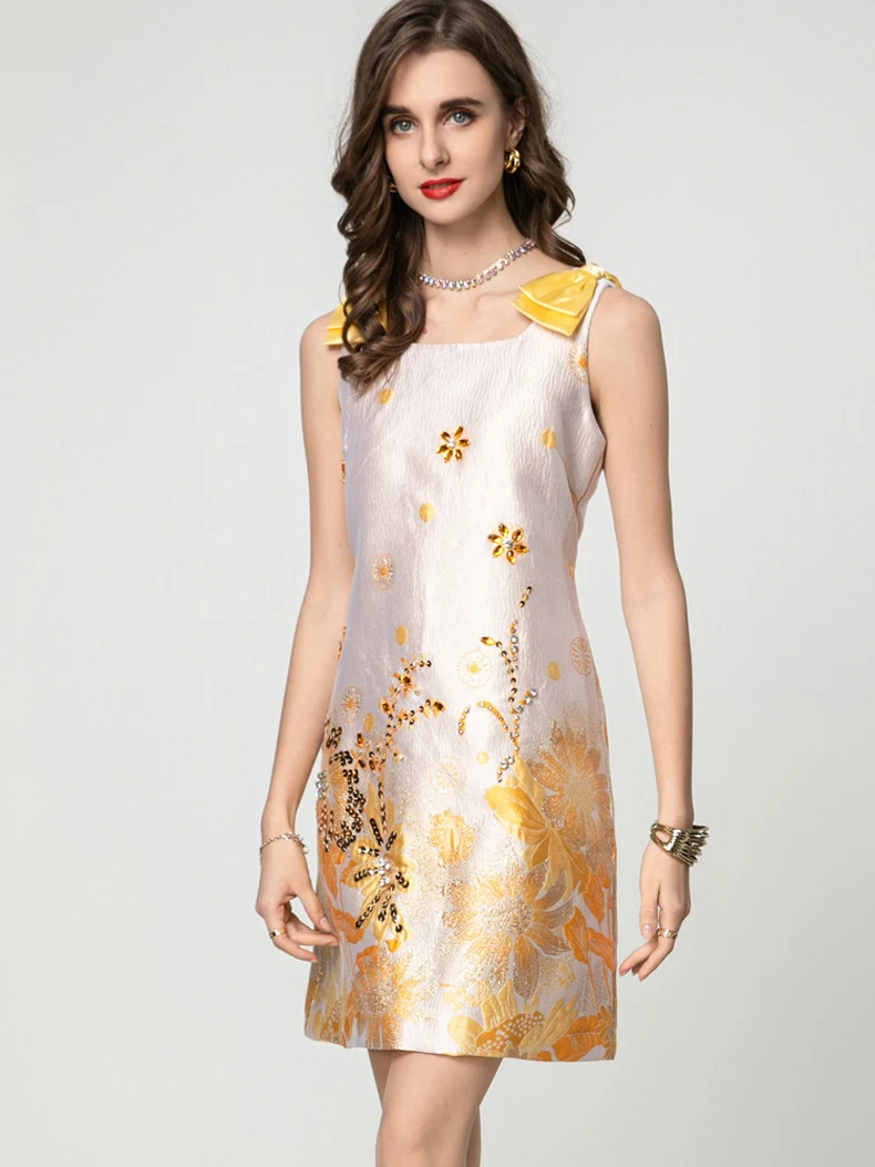 Abiti da donna Scollo quadrato Dettagli fiocco Stampato con perline Eleganti abiti firmati di moda High Street