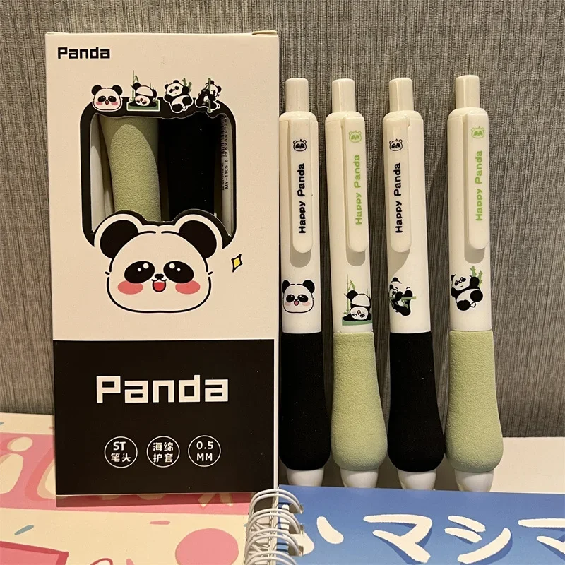 4pcs/set Cute Panda Cartoon Pen Good-looking Black Quick-dry The 0.5 Mm Carbon Pen Supersoft Sponge Press Gel Pen Pupil