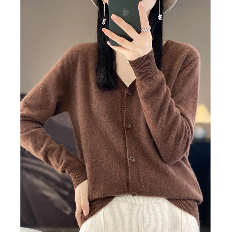 Autumn Winter 100% Merino Wool Cardigan Women Cashmere V-neck Sweater Long Sleeve Solid Knitwear Female Bottoming Soft Clothes