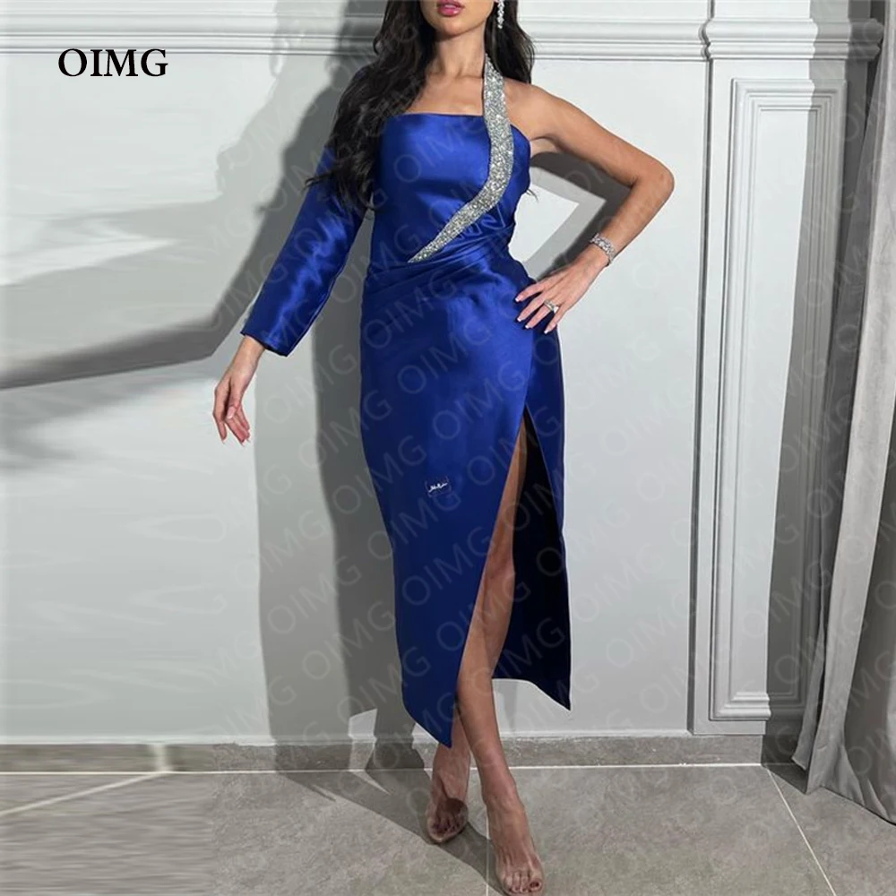 

OIMG Royal Blue Satin Shiny Sequins Formal Event Party Dresses One Shoulder Side Slit Custom Evening Gowns Night Club Dress