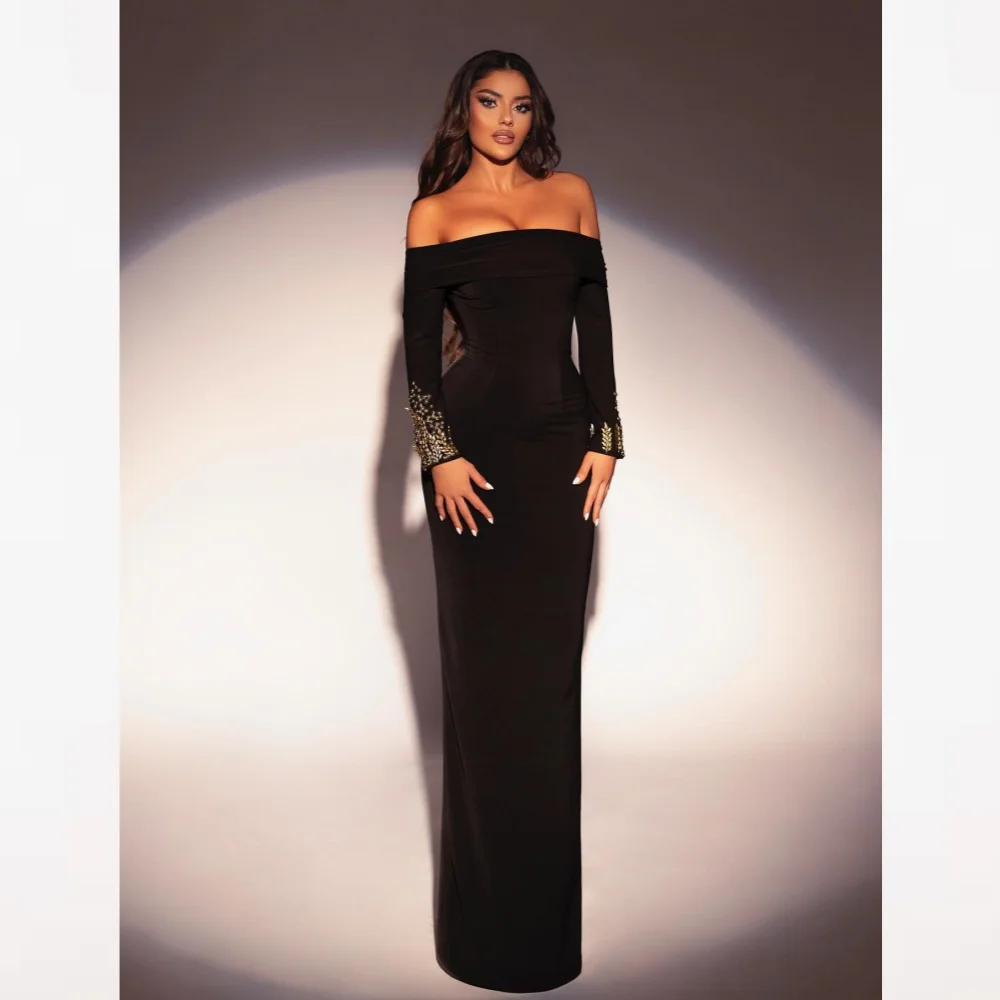 Customized Evening  Sexy Casual  Jersey Sequined Ruched Prom A-line Off-the-shoulder Bespoke Occasion Gown Long Dresses