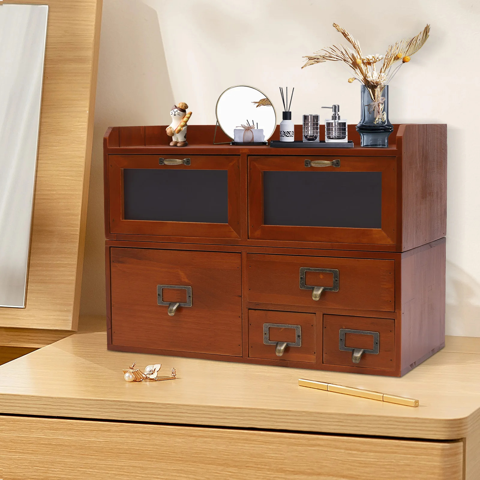 

Wooden Desk Drawer Organizer Vintage Tabletop Storage Cabinet Organization Box for Catalog Card Jewelry Makeup Craft & Tools