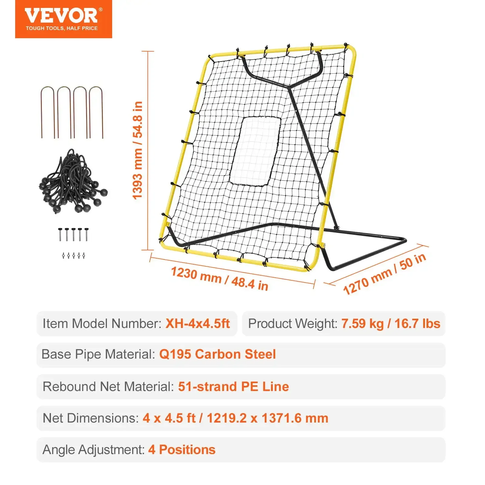 Baseball and Softball Rebounder Net - 4x4.5 ft Pitchback with Adjustable Angles