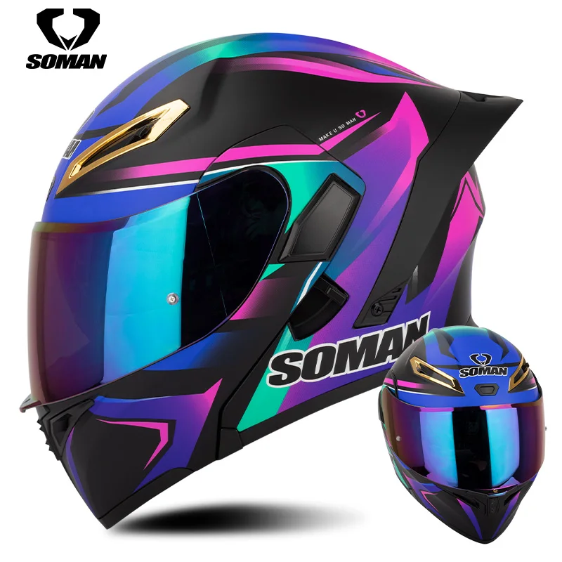 SOMAN Motorcycle street Full helmet upgraded DOT certified SM955S with colored double lens uncovered helmet for men and women