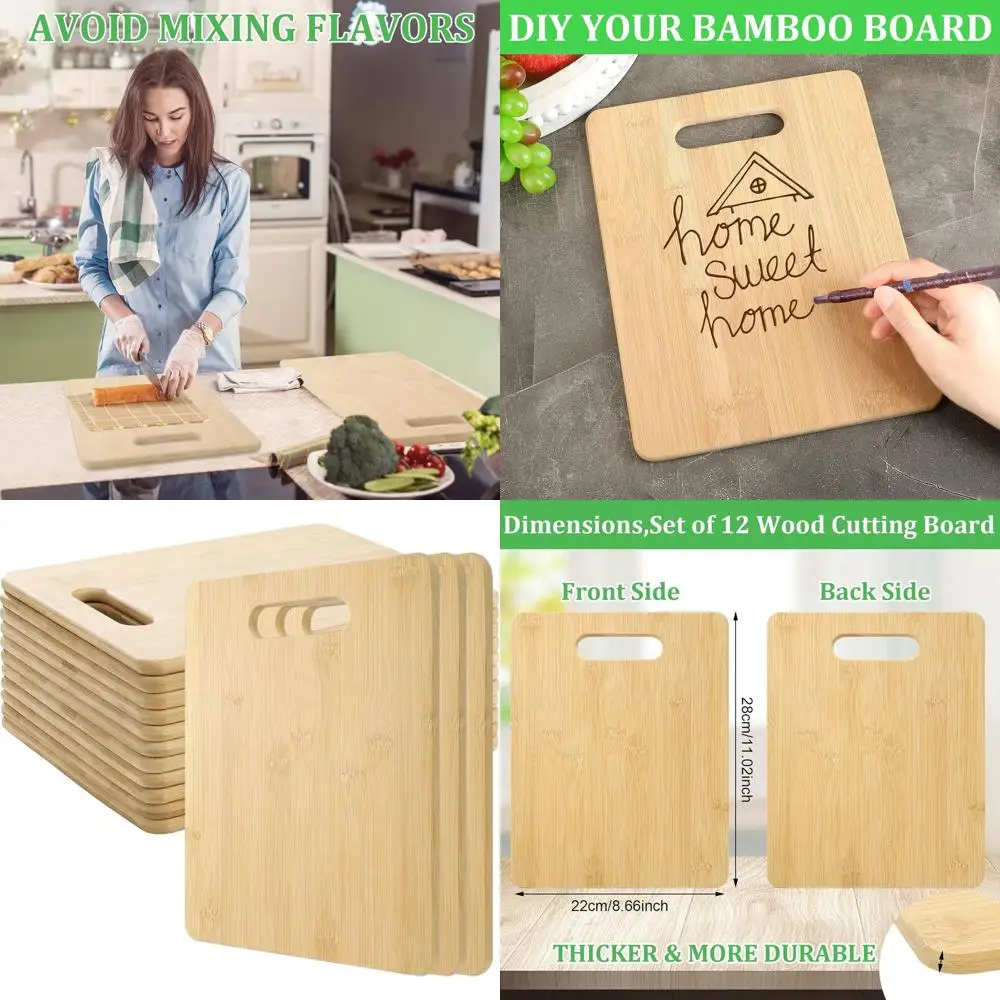 

Set of 12 Bamboo Cutting Boards with Handles - Thick Kitchen & Dining Boards for Engraving and Cooking