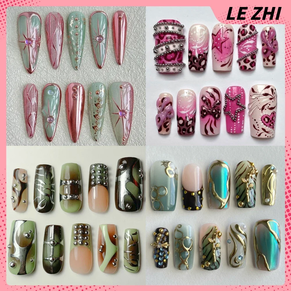 

10Pcs Y2K Hot Girl Metallic Luster Handmade Press On Nails Strawberry Almond Gel Flower Stars Customizable Nail Art Girl's Gift
