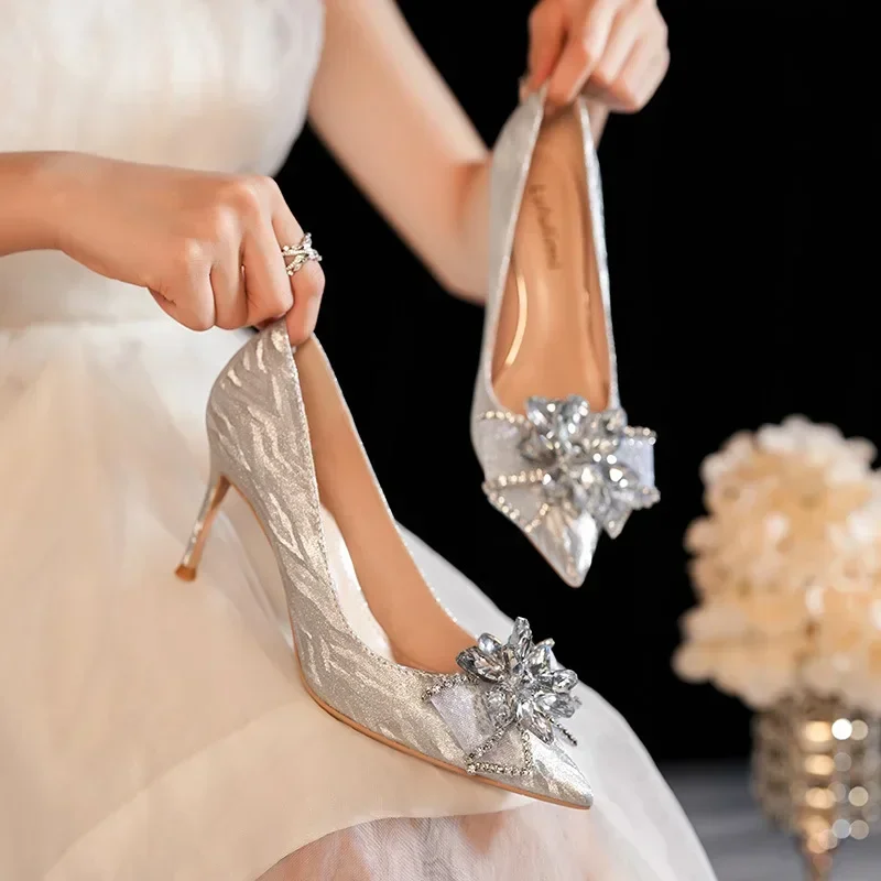 

New Wedding Shoes with Thin Heels and Pointed Western Crystal Bridal Shoes Cinderella Bridesmaids High Heels