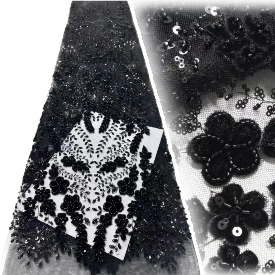 

2025 Luxury African Lace Fabric 5Yards Velvet Lace Beaded Tulle Lace Fabric Embroidered Nigerian Fabric for Wedding Dress AH1673