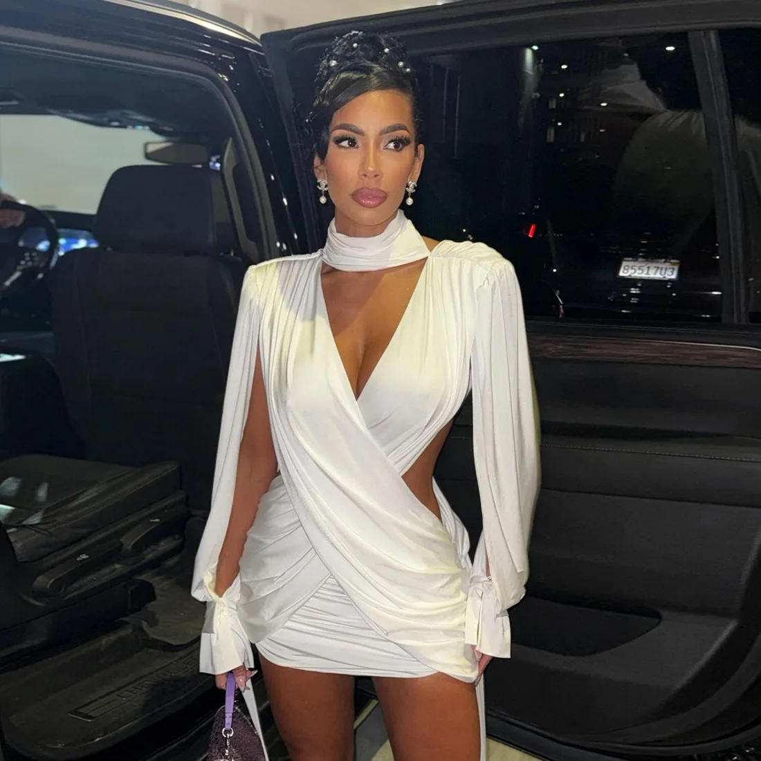 

STYLISH LADY Elegant OL Cross Dress 2025 Autumn Women Long Sleeve Stand Neck Hollow Out Ribbons Draped Mini White Dresses