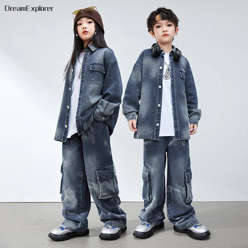 Boys Street Dance Washed Denim Jacket Jeans Girls Hip Hop Loose Cargo Pants Kids Jazz Clothes Sets Children Streetwear Costumes