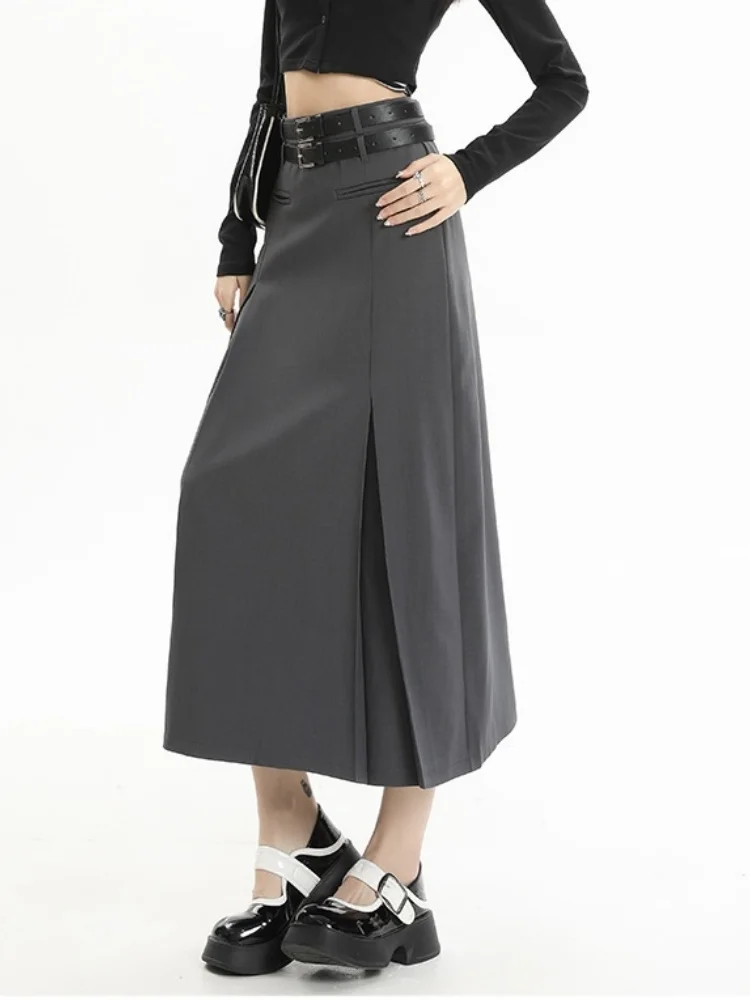 

SMTHMA Ladies Elegant High Waist Slimming A- Line Skirt Solid Pleats Midi Length Suit Style Polyester Women's Skirt