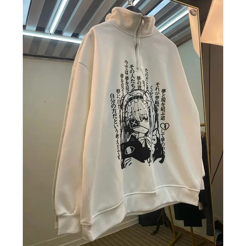 Sweat-shirt gothique à manches longues pour femmes, sweat-shirt de rue, Anime japonais, Y2K, col montant, décontracté, ample, paresseux, hip hop, printemps-automne