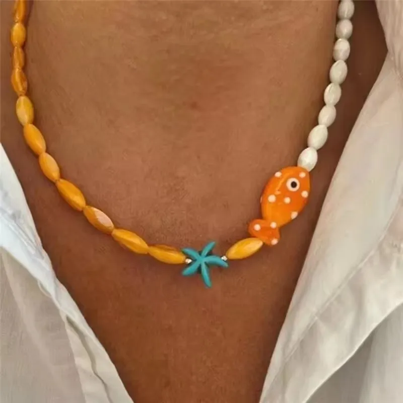Cute Orange Ceramic Fish Necklace for Her Romantic Small Fish Starfish Necklace Summer Beach Jewelry for Gift