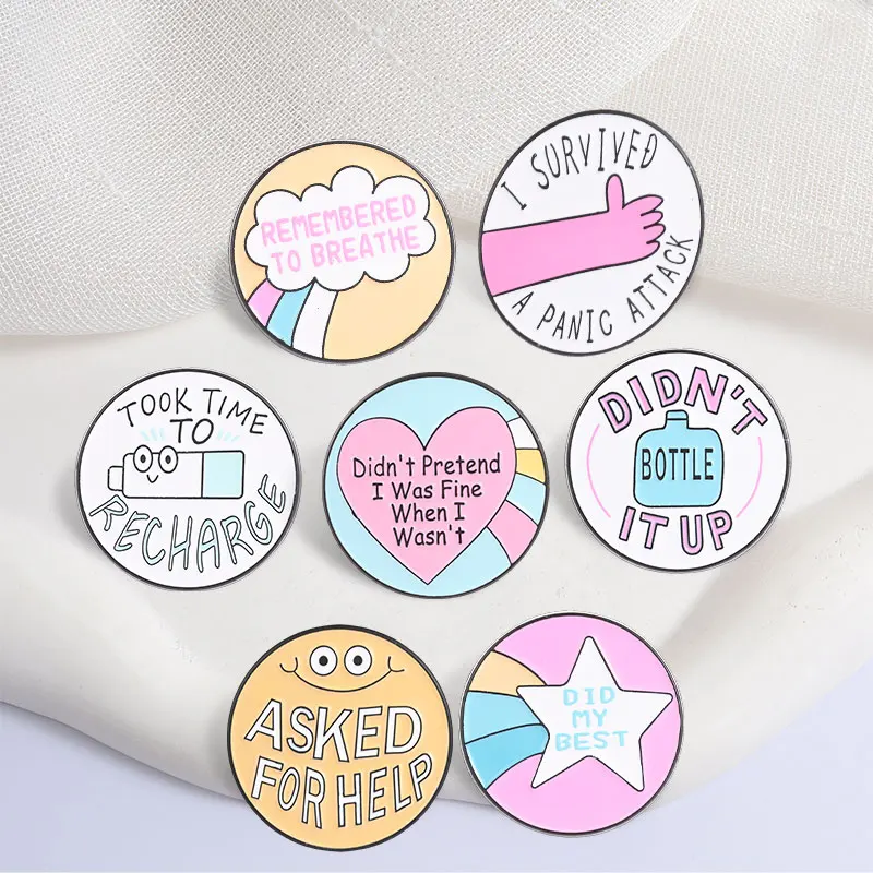 Cute Mental Health Awareness Enamel Pins Inspirational Quote Metal Brooches Fashion Lapel Badge Backpack Clothes Jewelry Gift