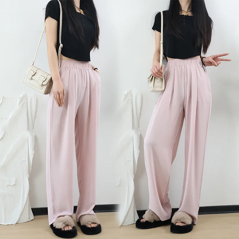 Wide Leg Pants Inbeige Womens Summer Ultra-Thin Breathable Elastic-Waisted Techwear Quick-Drying Drawstrings Slit Modal Lace Up