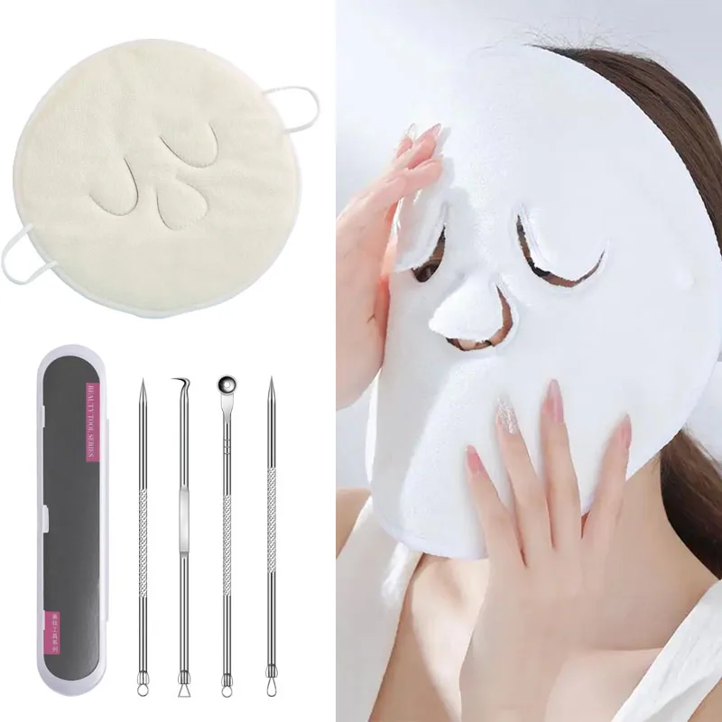5 pz Strumenti per la rimozione dell'acne comedone Set riutilizzabile impacco caldo asciugamano per il viso in acciaio inossidabile clip per l'acne brufolo ago strumenti per la cura della pelle